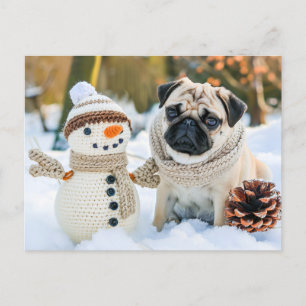 Pug Sitting Next to Snowman in Winter Postcard