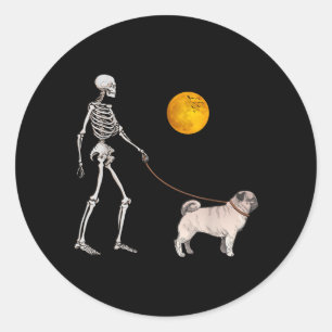Pug Skeleton Dog Walking Halloween Costume Classic Round Sticker
