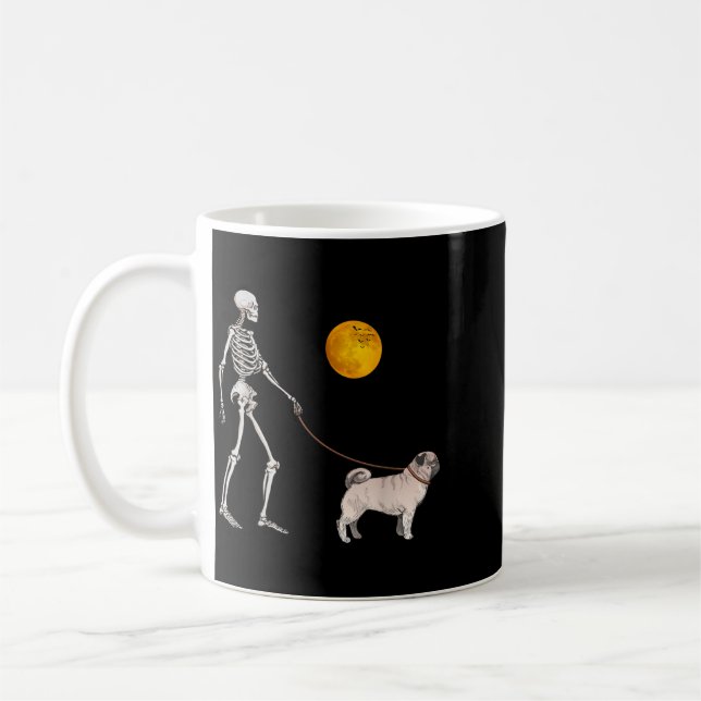 Pug Skeleton Dog Walking Halloween Costume Coffee Mug (Left)