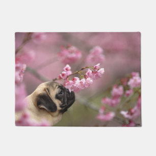 Pug Smelling Cherry Blossoms Doormat