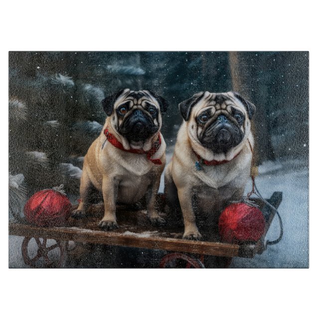 Pug Snowy Sleigh Christmas Decor Cutting Board (Front)