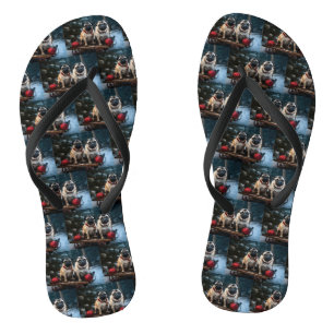Pug Snowy Sleigh Christmas Decor Flip Flops