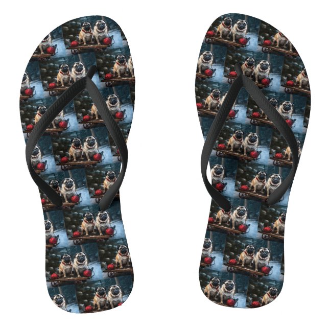 Pug Snowy Sleigh Christmas Decor Flip Flops (Footbed)