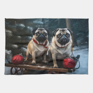 Pug Snowy Sleigh Christmas Decor Kitchen Towel