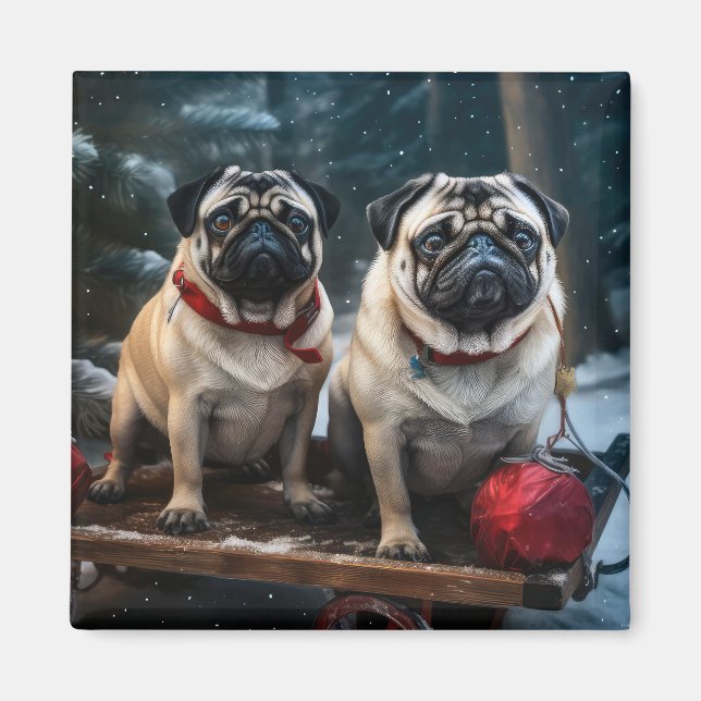 Pug Snowy Sleigh Christmas Decor Magnet (Front)