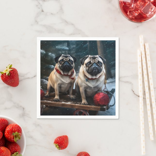 Pug Snowy Sleigh Christmas Decor Napkin (Insitu)