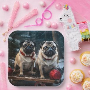Pug Snowy Sleigh Christmas Decor Paper Plate
