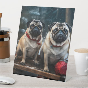 Pug Snowy Sleigh Christmas Decor Pedestal Sign