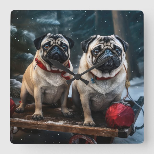 Pug Snowy Sleigh Christmas Decor Square Wall Clock (Front)