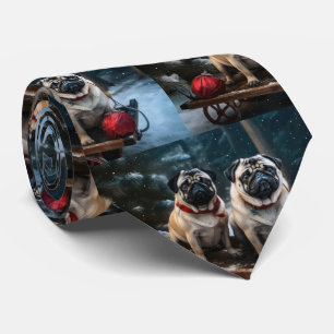 Pug Snowy Sleigh Christmas Decor Tie