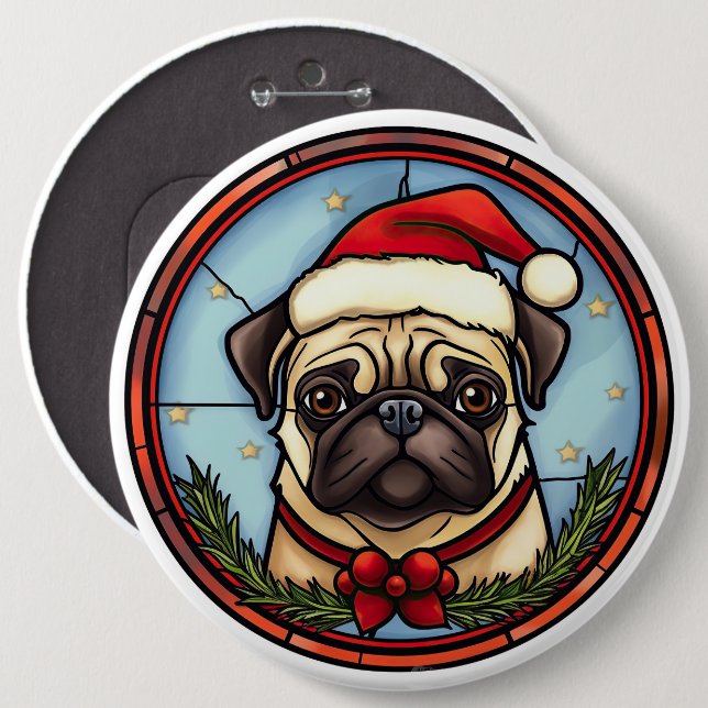 Pug Stained Glass Christmas 6 Inch Round Button (Front & Back)