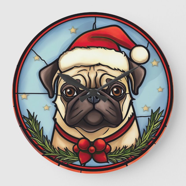 Pug Stained Glass Christmas Large Clock (Front)