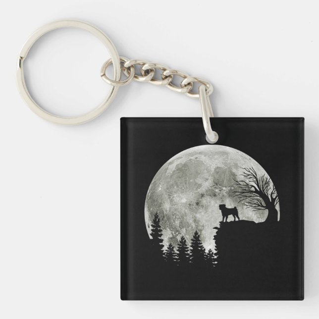 Pug Stand On Mountain Spooky Halloween Moon Keychain (Front)