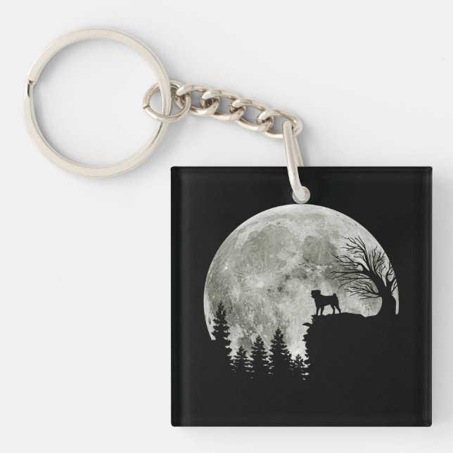 Pug Stand On Mountain Spooky Halloween Moon Keychain (Front)