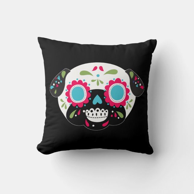 Pug Sugar Skull Front Pattern on Back Throw Pillow (Front)