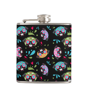 Pug Sugar Skull Pattern on Black Hip Flask