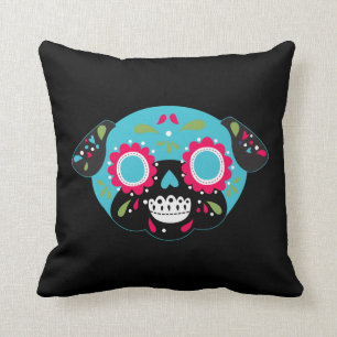 Pug Sugar Skull Turquoise Front Multicolor Pattern Throw Pillow