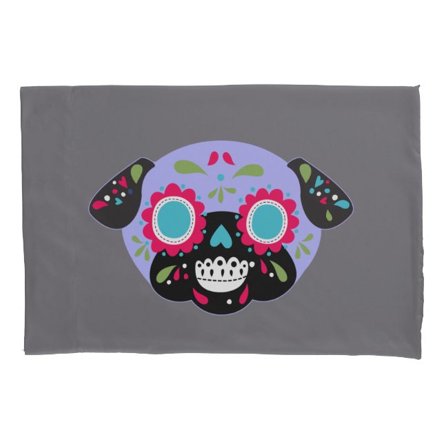 Pug Sugar Skulls Pillowcase Set Purple and Blue (Front-Left)