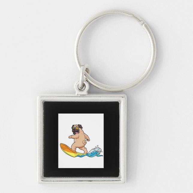 Pug Surfing Surfboard Pug Wearing Glasses Keychain (Front)