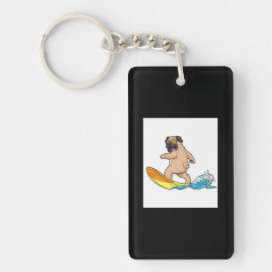 Pug Surfing Surfboard Pug Wearing Glasses Keychain