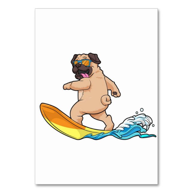 Pug Surfing Surfboard Pug Wearing Glasses Table Number (Front)
