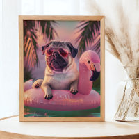 Pug Swimming Cocktail Summer Pet Portrait