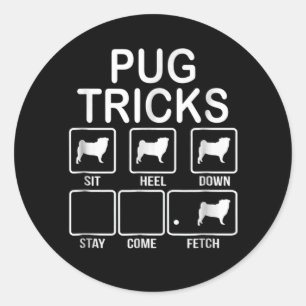 Pug Tricks Sit, Heel, Down, Stay, Come, Fetch Classic Round Sticker