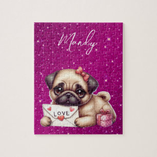 Pug Valentine's Day Personalized Pug Puppy Love Jigsaw Puzzle