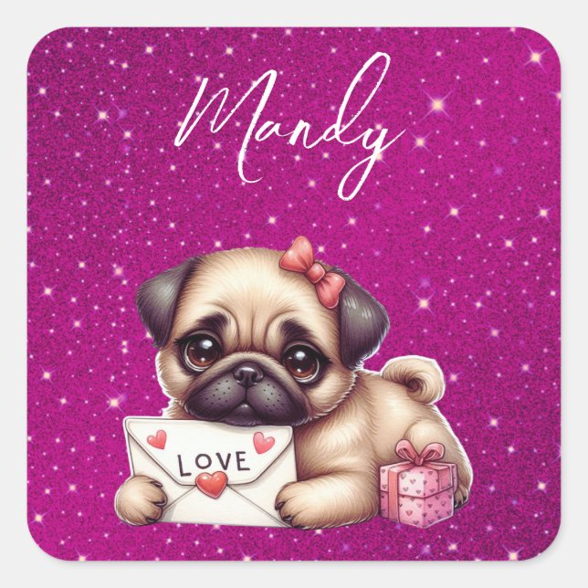 Pug Valentine's Day Personalized Pug Puppy Love Square Sticker (Front)