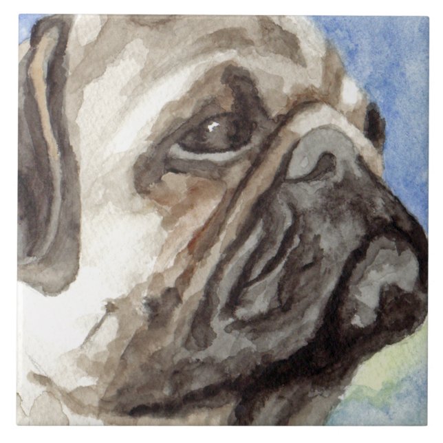 Pug Watercolor Portrait Tile (Front)