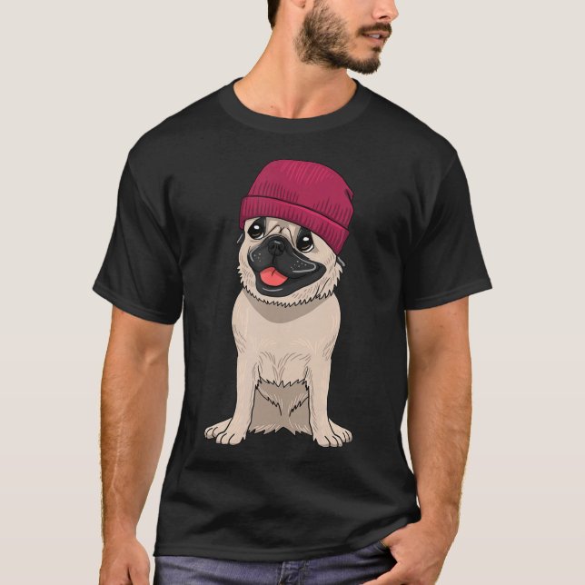 Pug Wearing Beanie Cute Cool Dog Knit Hat Pet Love T-Shirt (Front)