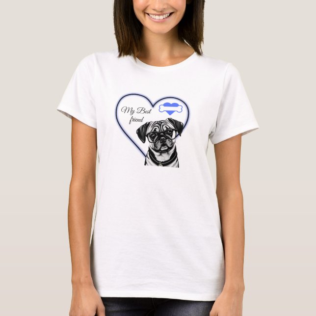 Pug Wearing Glasses Heart Dog Customizable Saying T-Shirt (Front)