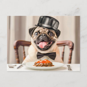 Pug Wearing Hat Sitting at Table Postcard