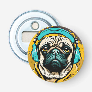Pug wearing headphones bottle opener