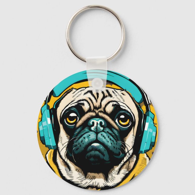 Pug wearing headphones keychain (Front)