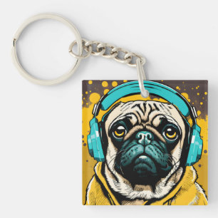 Pug wearing headphones keychain