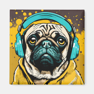 Pug wearing headphones magnet