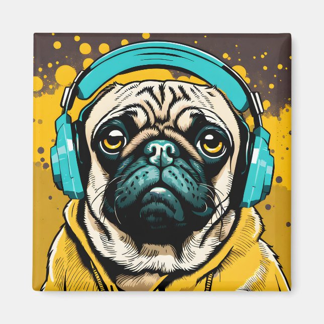 Pug wearing headphones magnet (Front)