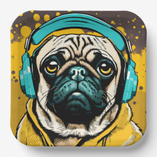 Pug wearing headphones paper plate