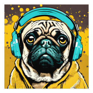 Pug wearing headphones photo print