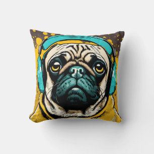 Pug wearing headphones throw pillow