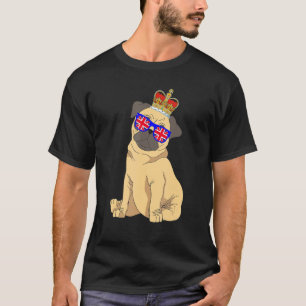 Pug Wearing Sunglasses And Crown England UK Flag T-Shirt