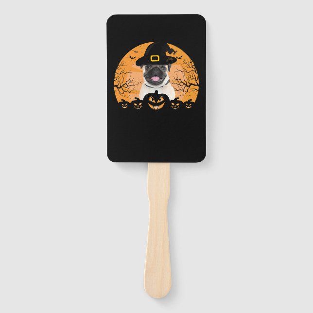 Pug Witch Hat Jack-o-Lantern Dogs Halloween T-Shir Hand Fan (Front)