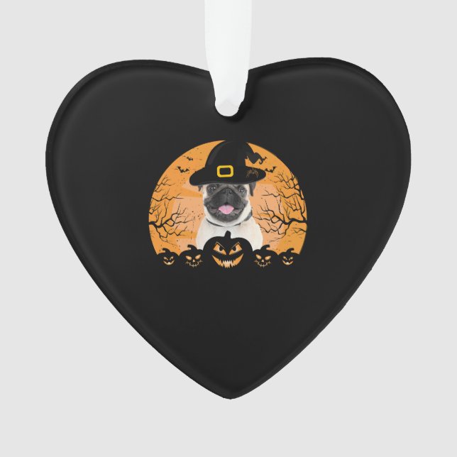 Pug Witch Hat Jack-o-Lantern Dogs Halloween T-Shir Ornament (Front)