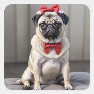 Pug with a bow square sticker