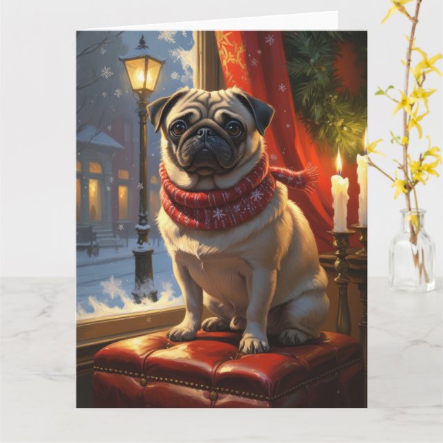 Pug with Christmas Lights Holiday Card (Yellow Flower)