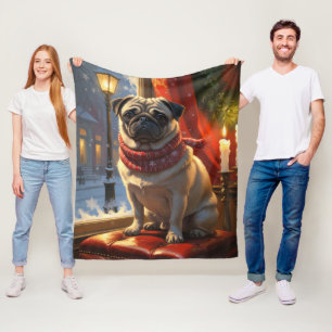 Pug with Christmas Lights Holiday Fleece Blanket