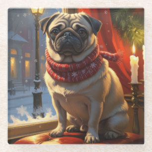 Pug with Christmas Lights Holiday Glass Coaster