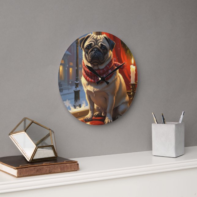 Pug with Christmas Lights Holiday Large Clock (Office)