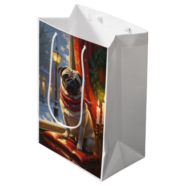Pug with Christmas Lights Holiday Medium Gift Bag (Front Angled)